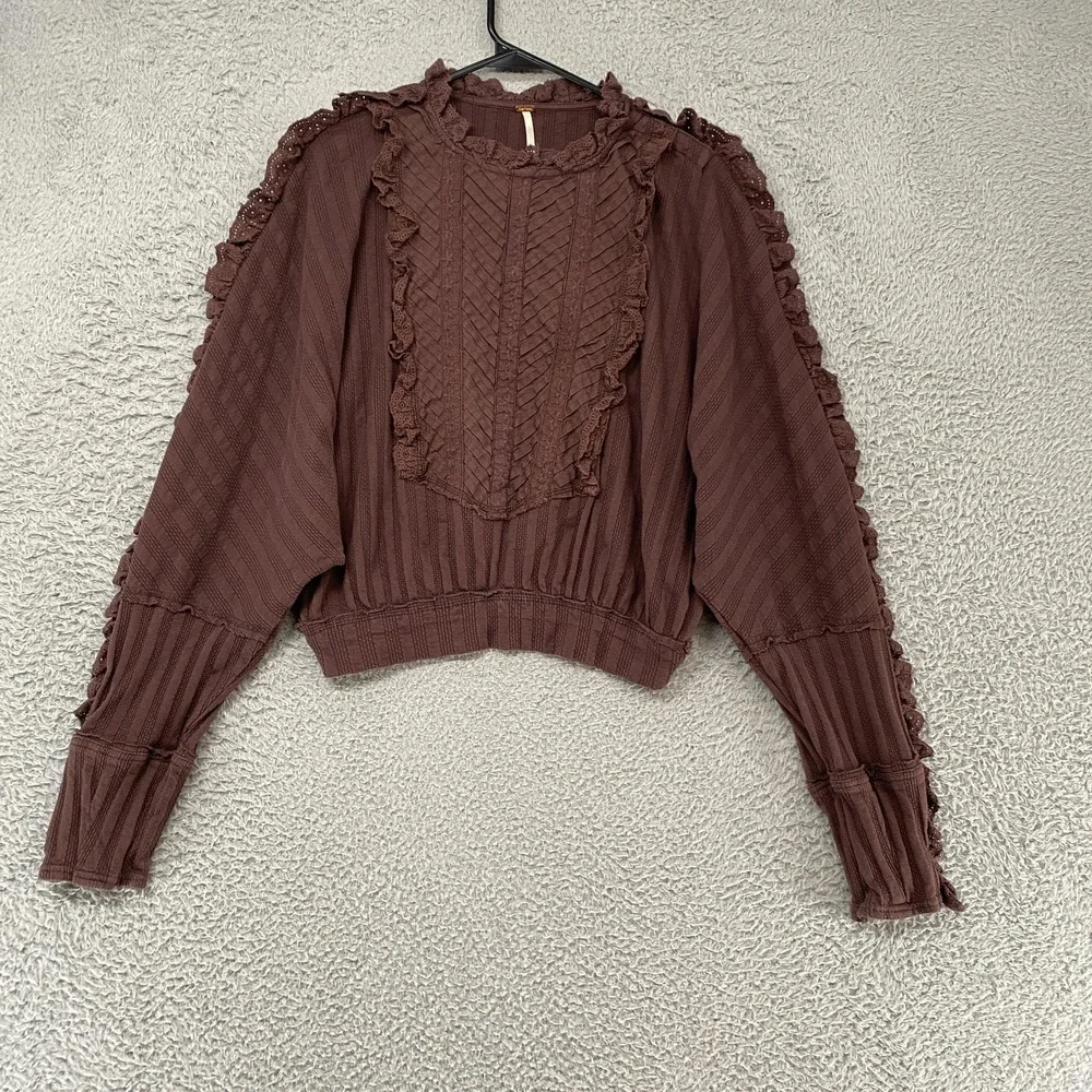 Free People More‎ Romance Top Womens XS Cropped Ruffle Lace Boho Brown Victorian